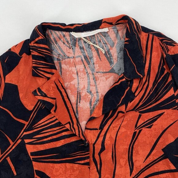 Zara Size Small Leaf Print Collar V-Neck Button Front Long Sleeve Blouse Satin - Picture 4 of 12